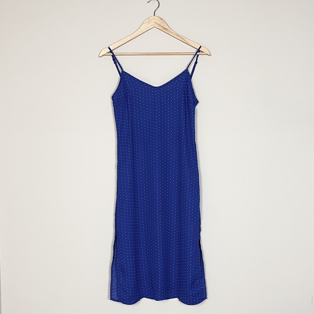 Lulus Paiton Royal Blue Midi Slip Dress Geo Polka Dot Semi Sheer Lightweight S